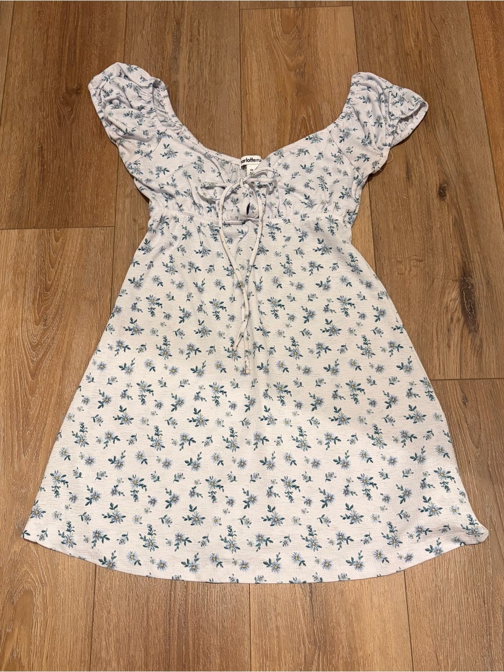 Charlotte Russe White Dress with Blue Floral Print and Tie Front